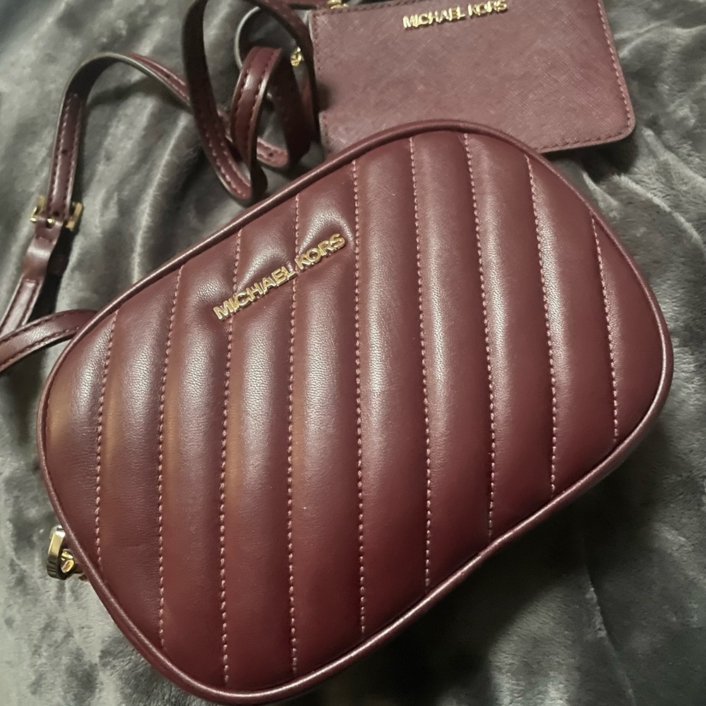 Michael Kors Quilted Burgundy Crossbody Bag & Color coordinated small wallet